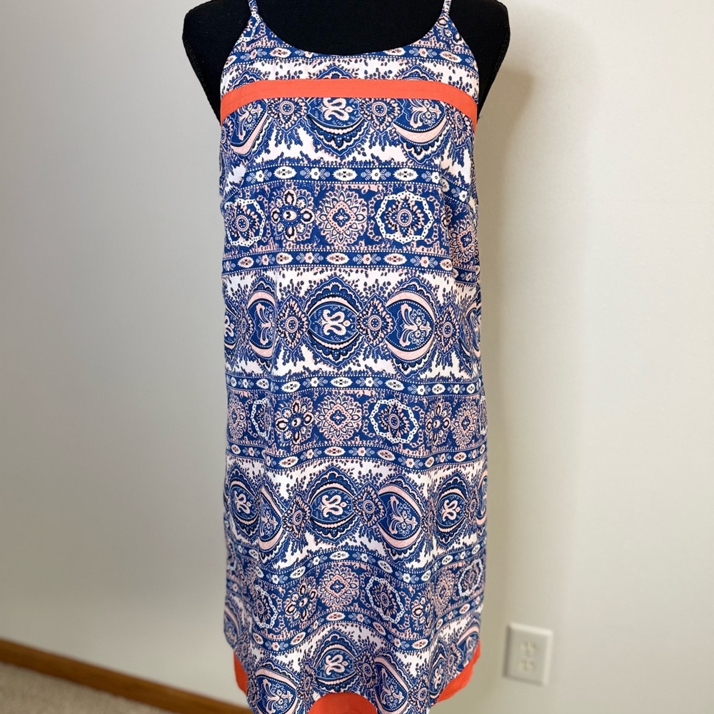 THML Blue Paisley Shift Dress Orange Trim Sleeveless Boutique Medium